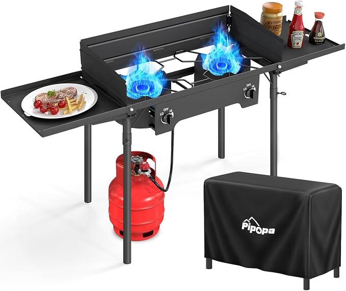 2 Burner Propane Camp Stove | 150, 000 BTU Gas Burners | Side Shelves | by Pipopa