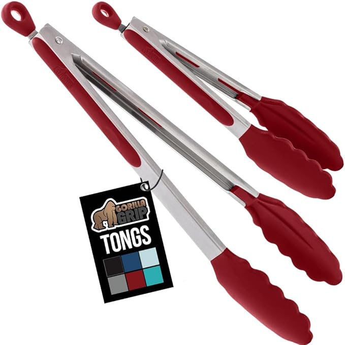 Tongs with Silicone Head and Stainless Steel Body, Red, Pull Lock