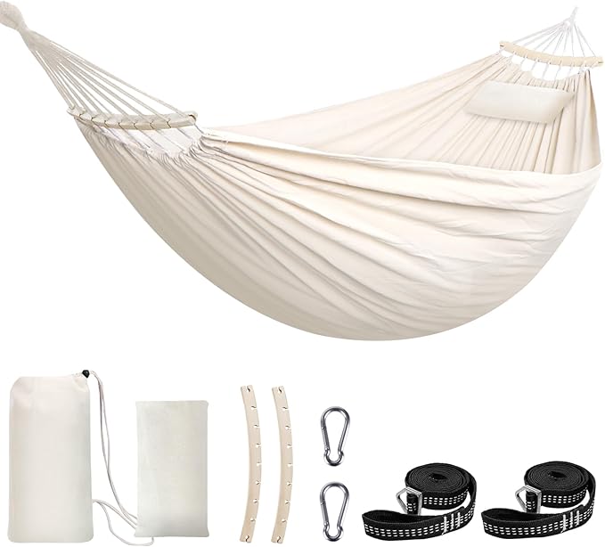 Hammock in Natural White Cotton with Pole, 106 x 59 Inches