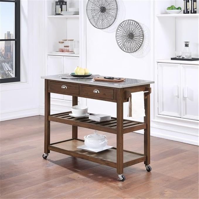 BOWERY HILL Modern Wood/Stainless Steel Kitchen Cart in Chestnut Wire-Brush - Image 2