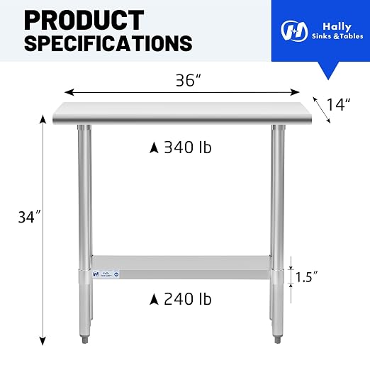 Hally Stainless Steel Table for Prep & Work 14 x 36 Inches, NSF Commercial - Image 3