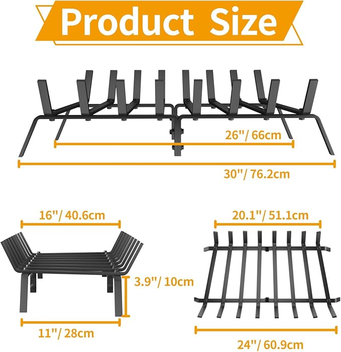 Heavy Duty 30Inch Fireplace Grate, Solid Steel Log Rack - Image 2