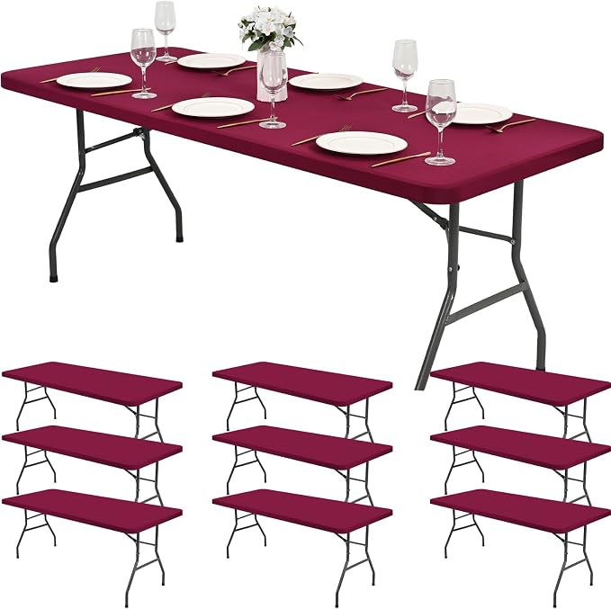 10 Pack Stretch Fabric Table Top Cap Cover, Wine Red Table Covers fits 8Ft by Pesonlook