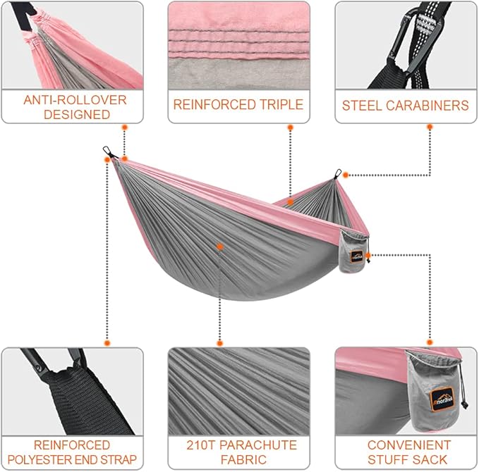 Hammock, 210T Parachute Nylon, 500 lb Capacity, Gray and Pink