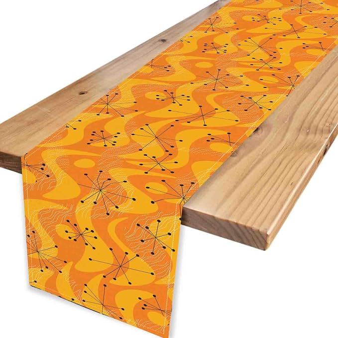 70s Table Runner, Retro Orange Wave Mid Century Atomic Print Abstract Hippie - Image 4