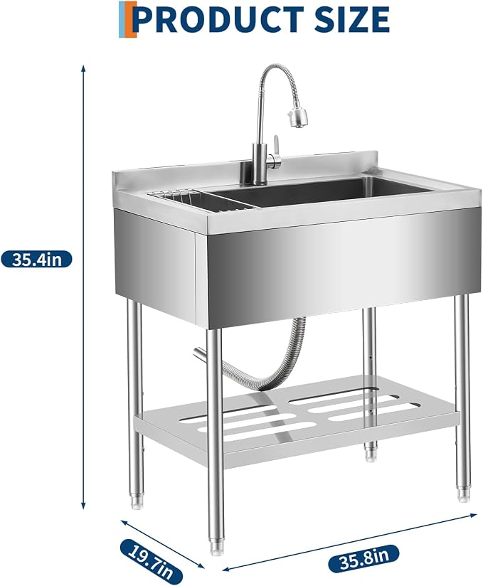 Stainless Steel Utility Sink, 35 Inch Freestanding Commercial Sink, Adjustable - Image 2