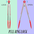 Tongs 3 Piece Set with Silicone Tips and Locking Pull Ring, 12 Inch Red