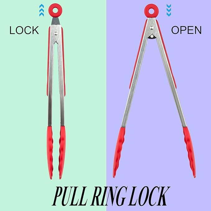 Tongs 3 Piece Set with Silicone Tips and Locking Pull Ring, 12 Inch Red