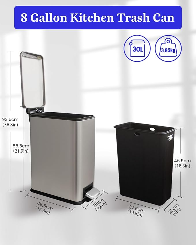 8 Gallon Trash Can with Lid, Stainless Steel Bathroom Garbage Can with Removal - Image 8