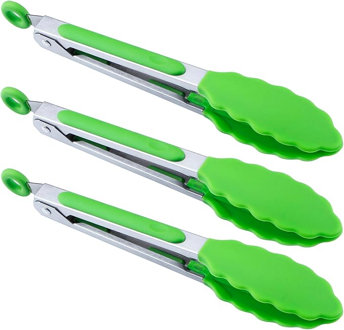 Serving Tongs Set of 3, 7-Inch Silicone Head Stainless Steel, Green