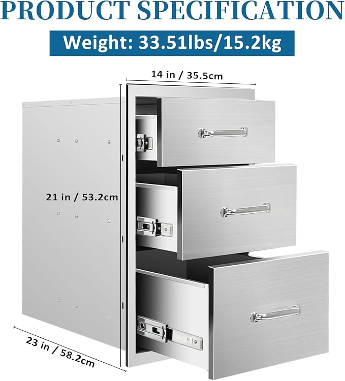 Outdoor Kitchen Drawers 14"Wx21"Hx23"D Flush Mount Access 3-Drawer BBQ - Image 2