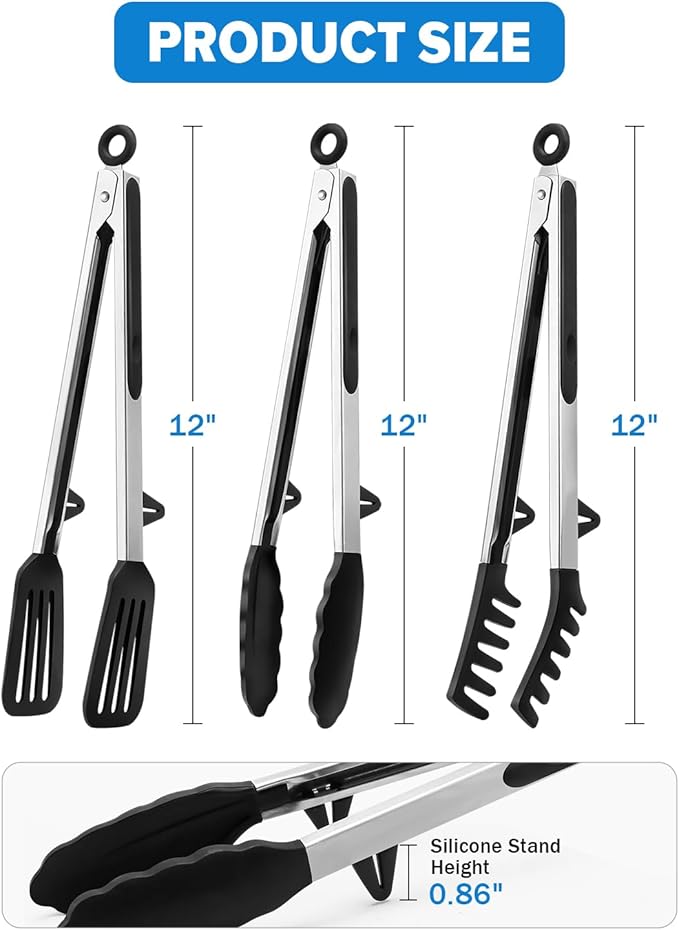 Tongs for Cooking, 9 and 12 Inch Stainless Steel with Silicone Tips