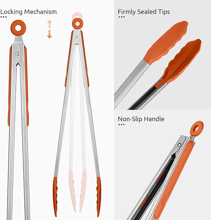 Tongs 16-Inch Silicone-Tipped Locking Grill Tongs, Orange