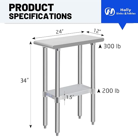Hally Stainless Steel Table for Prep & Work 24 x 12 Inches, NSF Commercial - Image 3