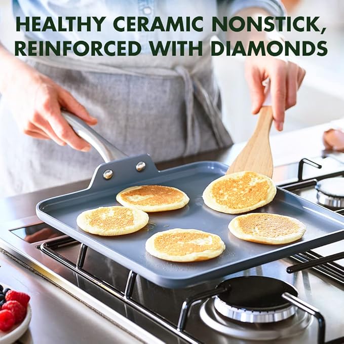 Griddle Pan, 11-Inch Square Ceramic Nonstick, Hard Anodized, Gray
