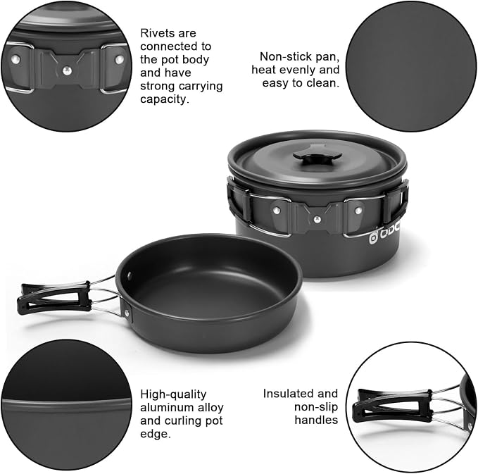 Odoland 15pcs Camping Cookware Mess Kit, Non-Stick Lightweight Pot Pan Kettle - Image 5