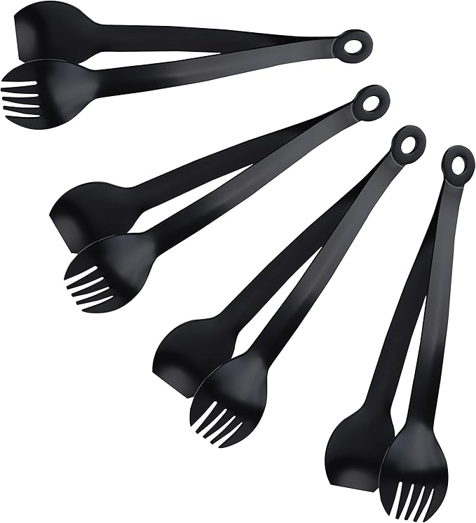 Tongs for Serving, 6 Inch Black Stainless Steel, Set of 4