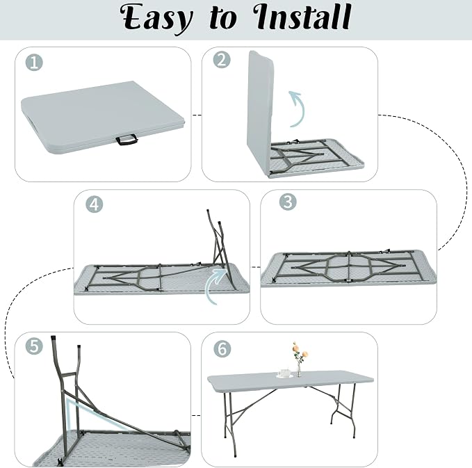 Fivenl 2 Pack 6 FT Folding Tables Grey Foldable Table, Fold-in-Half - Image 6