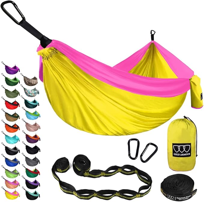 Double Camping Hammock, 125 x 79 in Parachute Nylon, Yellow and Pink