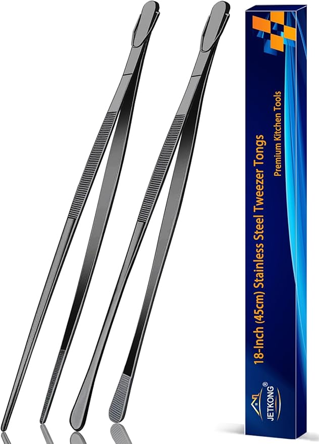 Tongs 18 Inch Stainless Steel Grill Tweezers, Black, 2-Piece Set