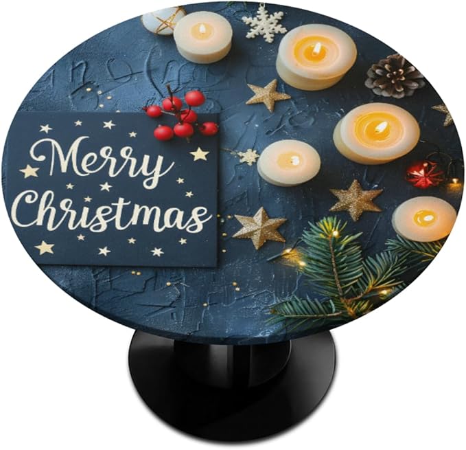 Merry Christmas Candle Star Round Table Cloth Cover, Elastic Edge Waterproof by ModaQua