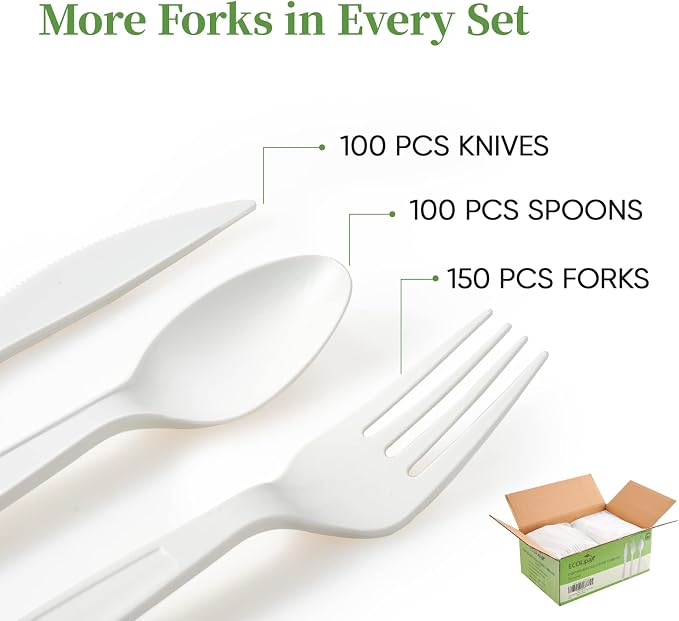 ECOLipak 350 Pcs Compostable Cutlery Set, 7 Inch Large Size Biodegradable - Image 2