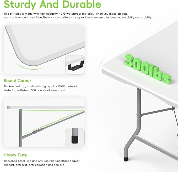HLPB Folding Table 6ft, Foldable Portable Heavy Duty Plastic Fold-in-Half - Image 4