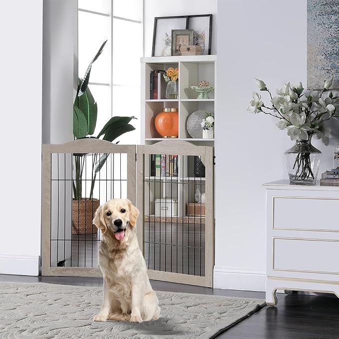 unipaws 44" Wide Dog Gate and Extension Kit, Free Standing Pet Gate, Wooden Dog - Image 2
