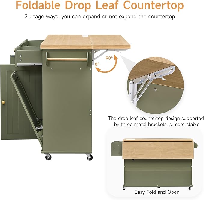 60" Kitchen Island with Power Outlet & Drop Leaf, Kitchen Rolling Island with - Image 4
