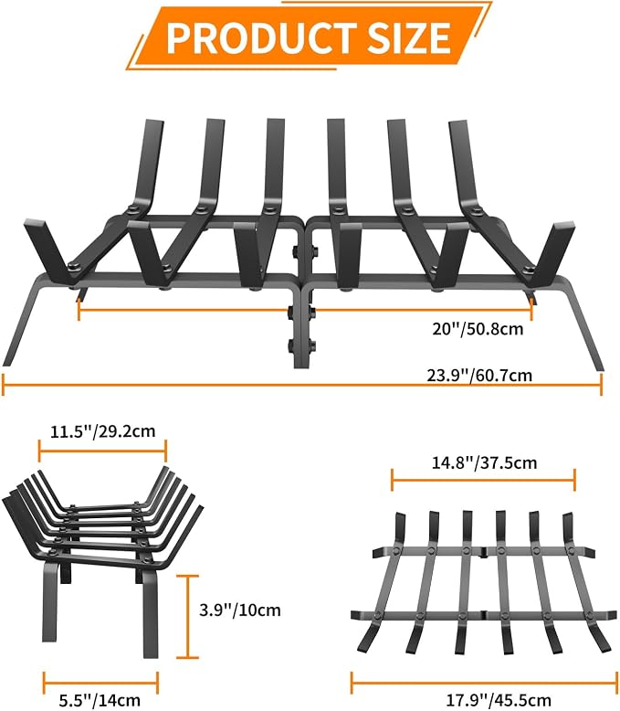 Heavy Duty 24Inch Fireplace Grate, Solid Steel Log Rack - Image 2