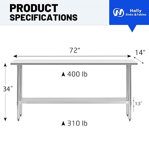 Hally Stainless Steel Table for Prep & Work 14 x 72 Inches, NSF Commercial - Image 3