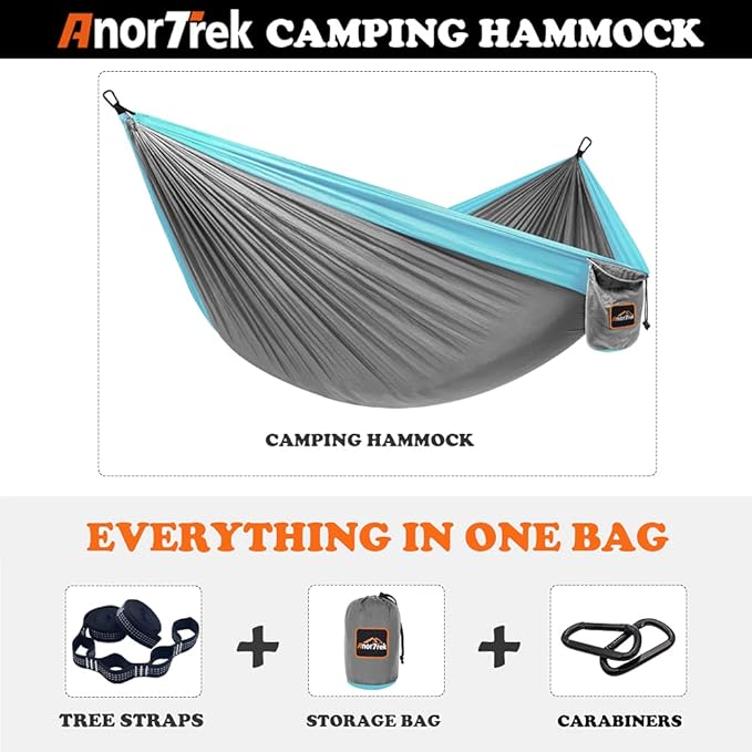 Camping Hammock with 210T Parachute Nylon, 500 lb Capacity, Grey and Blue