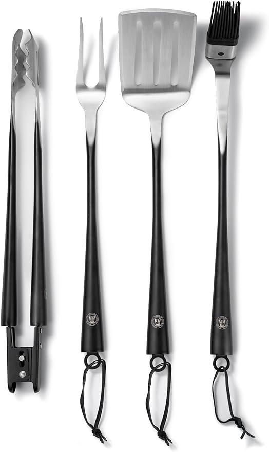 Barbecue Tool Set, 4-Piece Stainless Steel with Wood Storage Block