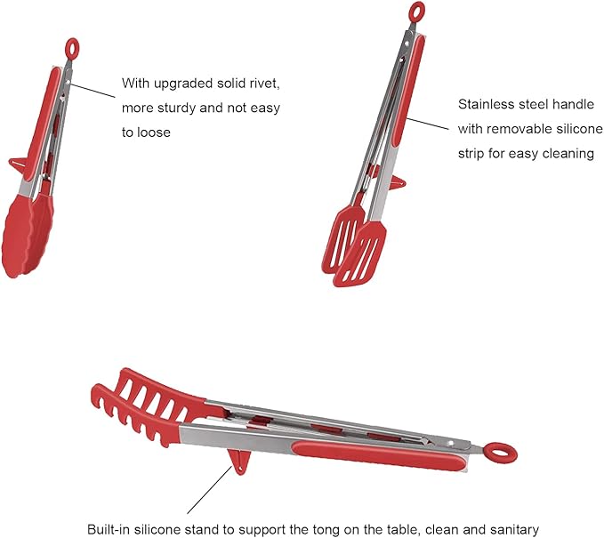 Tongs Set with Silicone Tips and Stainless Handles, Red 4-Piece Grilling Set