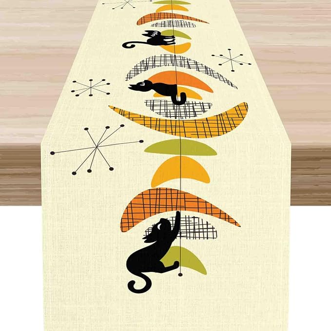 Mid Century Table Runner, Retro 1950s Black Cat Atomic Modern Abstract Coffee by Unknown