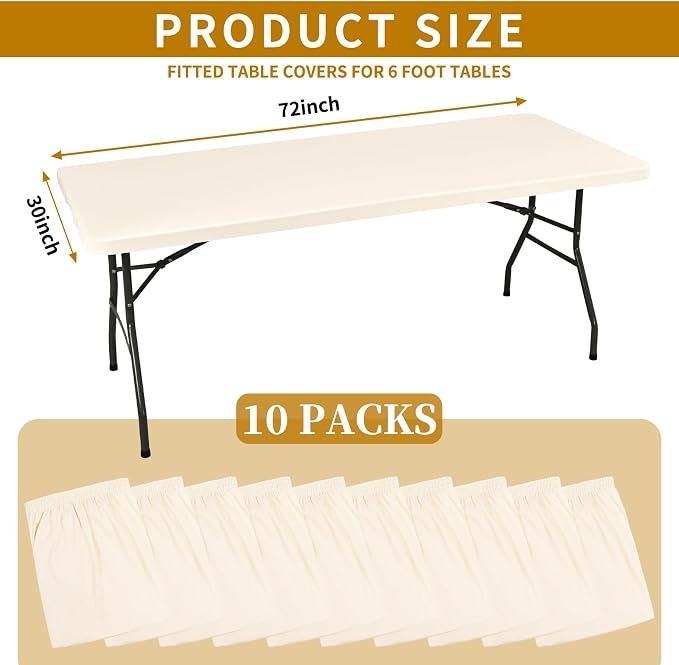 10 Pack Fitted Tablecloth for 6 Foot Rectangle Tables, Ivory Elastic Outdoor - Image 2