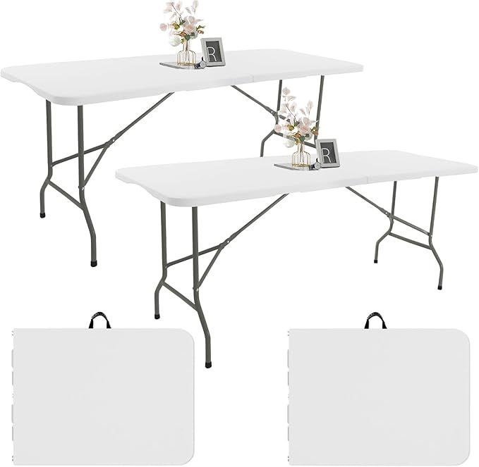 Fivenl 2 Pack 6 FT Folding Tables White Foldable Table, Fold-in-Half by Fivenl