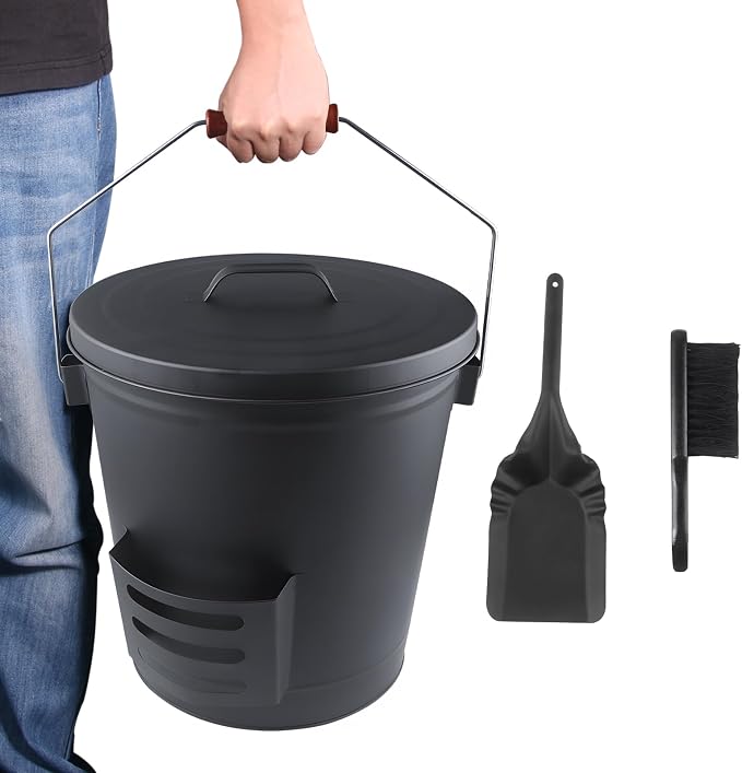 Ash Bucket with Lid and Shovel Hand Broom, 5.15 Gallon Large Galvanized Iron by GameXcel