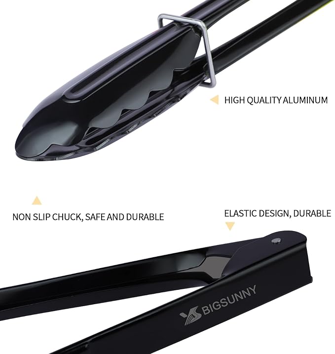 Aluminum Food Tongs, 9 Inch Black 3-Pack with Scalloped Tips