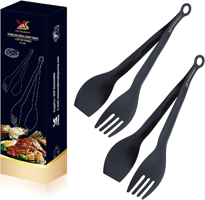 Tongs for Serving, Black Stainless Steel, 9 Inch Set of 2
