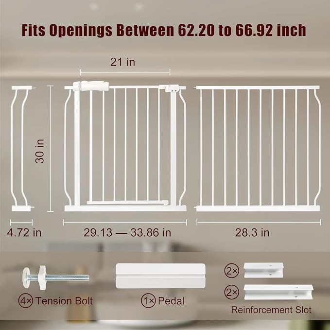 Extra Wide Baby Gate 57.5-66.9 Pressure Mounted, Child Dog Pet Safety Gates - Image 2