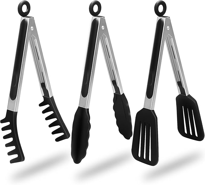 Silicone Tip Tongs Set, 3-Piece 9-Inch Black Stainless Steel