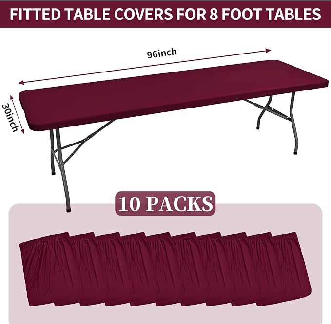 10 Pack Fitted Tablecloth for 8 Foot Rectangle Tables, Wine Red Elastic Outdoor - Image 2