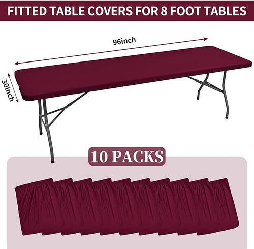 10 Pack Fitted Tablecloth for 8 Foot Rectangle Tables, Wine Red Elastic Outdoor - Image 2
