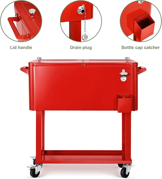 EDOSTORY 80 Quart Rolling Ice Chest Cooler Cart, Patio Backyard Party Drink - Image 3