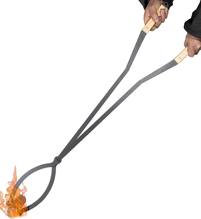 Fire Tongs, 40-Inch Black Steel Log Grabber with Serrated Claw