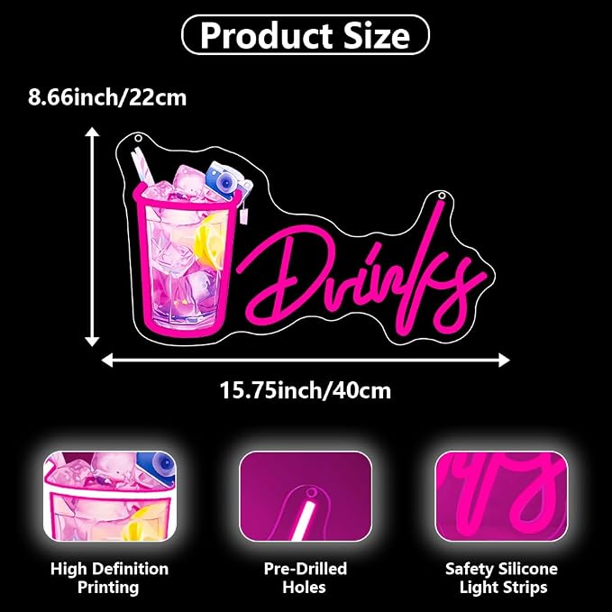 Drinks Neon Signs for Wall Decor, Cool Cocktail Glass LED Sign Art Wall Lights - Image 4