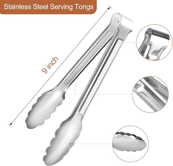 Stainless Steel Serving Tongs, 9-Inch Silver Set of 6