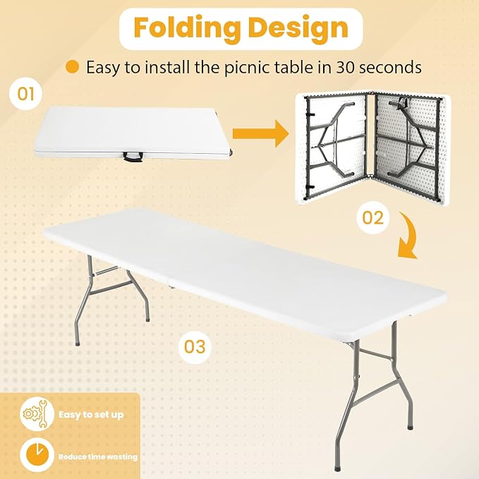 FDW 6FT Folding Table, Portable Fold-in-Half Plastic Picnic Party Table - Image 5