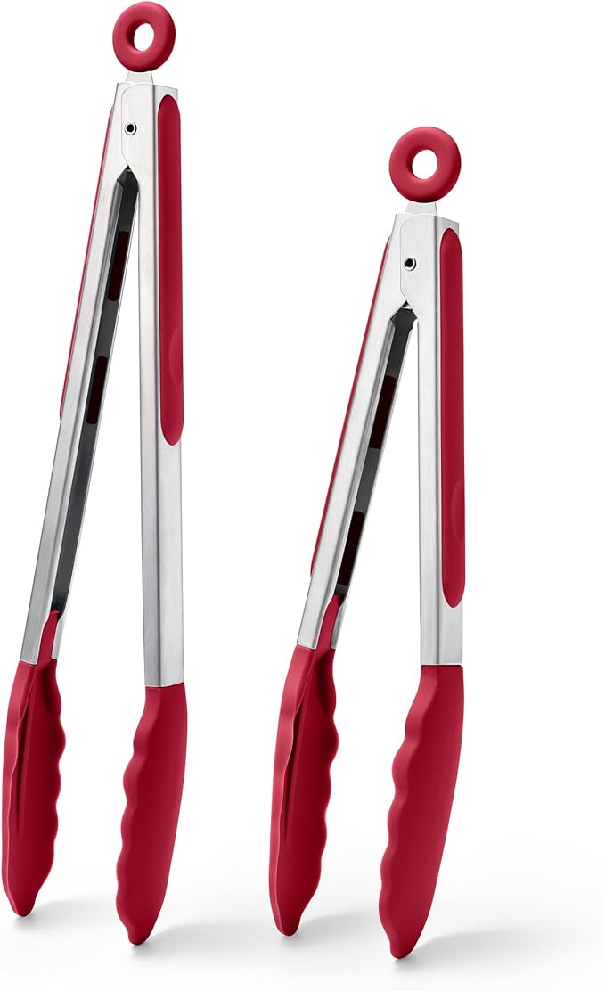 Tongs with Silicone Tips, Red 18/8 Stainless Steel, Heat Resistant to 600°F
